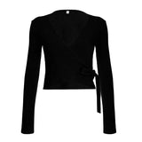 Casual Wind And Velvet Knit Two Sets Of Sexy V-Neck Tied T-Shirt Loose Waist Loose