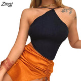 Ladies Sexy Backless Chest Wrap Women Solid Color Hanging Neck Lace-Up Sleeveless Knitted Camisole Irregular Hem