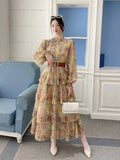 Collar Mesh Long-Sleeved Lotus Leaf-Side Print Waist-Ponded Tidal Dress Women's Spring And Autumn Lantern Cuff Cake