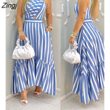 Elegant One Shoulder Striped Colorblock Sleeveless Asymmetric High Waist Casual Maxi Dresses Fashion Sexy Skinny