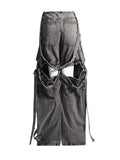Zingj 2024 New Street Hipster Multi-Pocket Decoration Ribbon Design Sense Jeans Women's Hollow Out Cargo