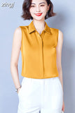 Summer Satin Blouse for Women Polo-Neck Sleeveless Vest Chiffon Shirts OL Womens Tops and Blouses Solid Fashion Ladies