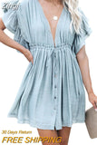 Women Beach Cover Up Dress Sexy Deep V-Neck Ruffle Short Sleeve Drawstring Dress Loose Bikini Cover Ups