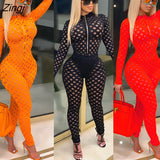See Through Women Jumpsuit Hollow Out Ftont Zipper Party Night Clubwear Long Rompers Womens Jumpsuit Overalls