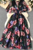 Vintage Black Floral Printed Chiffon Long Dress Elegant V-Neck Short Sleeve High Waist A-Line Maxi Vestidos Female