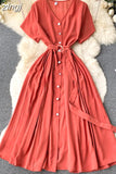 Vintage V-Neck Single Breasted Midi Dress For Women Elegant Short Sleeve High Waist A-Line Slim Green/Red/Purple