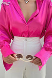 Long Sleeve Blouses Women 2023 Vintage Blue Green Silk Shirt Women Casual Loose Button Up Down Shirts Elegant Tops
