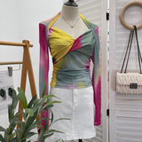 Tie-Dye-Print Long Sleeve Bottom Sexy Hottie V-Neck T-Shirt Folded Slimming Mesh Yarn Top