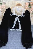 Halter Lace Patchwork Short Blouse For Women Casual Puff Sleeve Velvet Shirt Female Black Tops New Fashion Autumn