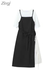 Split Dress Women Casual Patchwork Loose O-Neck Daily Korean Style Fake Two Piece 2023 Summer Chic Dresses