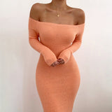 Long Sleeve Strapless Women's Dress Off Shoulder Autumn Party Sexy Lady Dress Knitted Cotton Casual Fashion