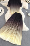 Women Pleated Two Piece Set Vintage Stand Collar Short Sleeve Draped Tops + High Waist Stretchy A-Line Skirt Suit