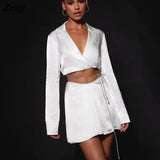 Sexy Shiny Silver Diamond Two Piece Sets Women Outfits Long Sleeve Blazer Mini Skirt Female Autumn Slim Party Skirt