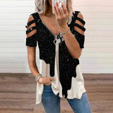 Collar Leisure Zipper Pullover Print Short Sleeve Loose T-shirt