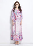 Holiday Style Dress 2025 New One-Word Shoulder Strap With Waist Lantern Sleeve Print Chiffon Long Dress