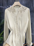 V Neck Shirts Long Sleeve Embroidery Blouse Women Hollow Out Tops Spring 2023 Office Lady Solid Loose Clothes New