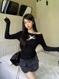 Word Shoulder Gray Print Long-Sleeved T-Shirt Women's Autumn Pure Hot Girl Chicly Bare Shoulder Bottom