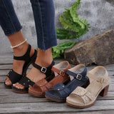 Retro Casual Roman Style Round Head Sandals Women New Hollow Pattern High Heel Buckle With Large Size