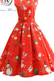Women Casual Elegant Office Work Red Christmas Retro Hepburn O-neck Sleeveless Swing Party
