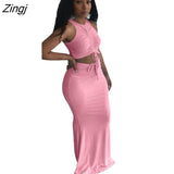 Women Sets Ruched Drawstring Sleeveless Tank Crop Top and High Waist Mermaid Maxi Skirt Set for Women Elegant Two Piece
