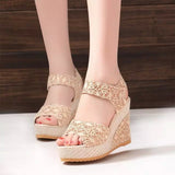Long-Term Women's Sandals Flat Slope With Lace Fish Mouth Women Magic Sticky Buckle Buckle Pine Cake Thick Bottom