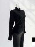 Zingj Designer Early Spring Bottom Shirt Advanced Golden Velvet High Collar Pleated Long Sleeve With Bubble Sleeve