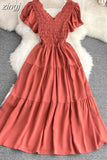 Women Vintage Draped Midi Dress Elegant Purple/Yellow/Red V-Neck Short Sleeve High Waist A-Line Big Swing Vestidos
