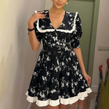 Spring New Women's Temperament Print Sexy V Lumbar Kinesy Short-Sleeved Dress