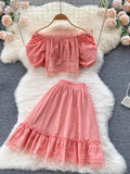 Women Hollow Out Lace Two Piece Set Orange/Purple/White Slash Neck Puff Sleeve Tops + High Waist Ruffle Skirt Beach