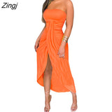 Women Strapless Dress Fashion Solid Color Off-Shoulder Sleeveless Slit Dress with Cropped Hem for Ladies