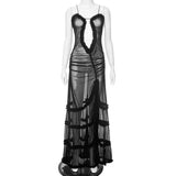 Zingj Women's New Sling With Hollow Out Pleated Lace Slit Dress