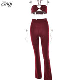 Casual Backless Two Pieces Sets Women Sexy Halter Hollow Out Top Long Flare Pant Suit Party Outfits Strapless