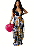 Zingj Fashion Summer Floral Print Halter Dress Casual Loose Sleeveless U-Neck Women's Dress-Outfit
