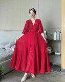 Seaside New Super Layer V-Neck Waist Temperament Famous 100 Fold Dress Short-Sleeved A-Word Dress