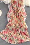 Autumn Bohemian Women Tie Dye Printed Pleated Long Dress Boho Stand Collar Puff Sleeve High Waist Draped Maxi Vestido