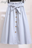 Women Elegant High Waist Midi Skirt Spring And Summer Casual Single-Breasted Solid Black White Bowknot Belt Office A-Line