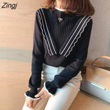 Women Slim Casual Sweaters Patchwork Butterfly Sleeve Half Turtleneck Knitted Lady Elegant Korean Style Outfits