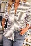 Oversized Basic Cardigan Stripe Shirts Women Blouses Casual Chic Top Spring 2023 Loose Pocket Green Shirts For