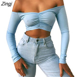 Women Solid Color Skinny Slim Fit Sexy Off Shoulder Long Sleeve V neck T Shirts Spring Autumn Short