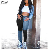 Block Spliced Casual Denim Long Pant Fashion High Waist Skinny Pencil Trouser Streetwear Zipper Fly Bodycon