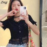 Sleeve T-shirts Women Lace Patchwork Crop Top Ins Chic Sweet Student Ruffled Single Breasted Tees Korean Slim Knitwear