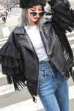 Autumn Short Black Oversized Lace Patchwork Leather Biker Jacket Long Sleeve Loose Womans Clothing Fashionable