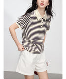 Striped Embroidery POLO Shirt 2025 Summer New Bing Color Reduction Women's Short-Sleeved