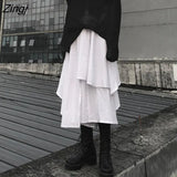 Skirts Women Harajuku High Waist Elastic Calf-length Preppy Ruffles Chic Gothic Japanese Style Double Layer