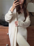 Hot Cotton Knitted Hollow Vest Long Dress + Long Sleeve Open Shirt Set Women's Soft Knitted