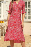 Sleeve Boho Dress Summer Women Floral Printed Holiday Beach Dress V-Neck Elegant Lace-up Split Midi Sundress