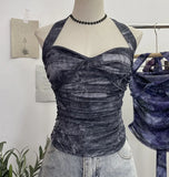 Shot Tie-Dye-Dyed Denim Print Folding Mesh Sling Sling Sling Neck With Bow Striped Backwear