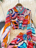 Women Printed Chiffon Two Piece Set Female Turn-Down Collar Single Breasted Blouse + High Waist Pleated Skirt Suit