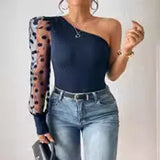 Zingj Women's 2024 New Inclined Shoulder Single Sleeve Wave Dot Mesh Splicing Long Sleeve Waist Show Thin Female Jacket