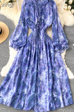 Women Blue/Red/Black Printed Party Dress Bohemian Puff Long Sleeve High Waist Ruffle Collar Midi Robe Female Vestidos